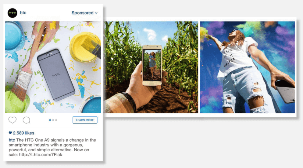 An Instagram carousel ad displays two or more images, with the option for users to scroll through the different images by swiping left or right.