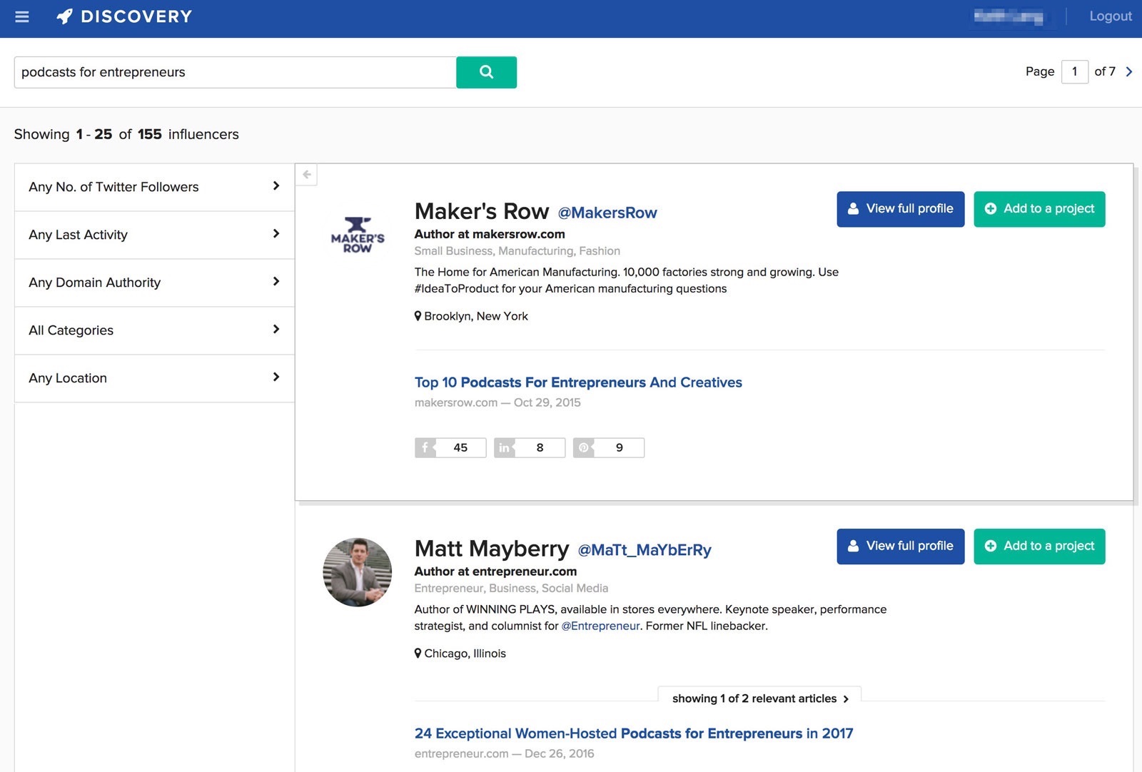 Going back to the main discovery page, we can filter down further by selecting a minimum or a maximum number of twitter followers.