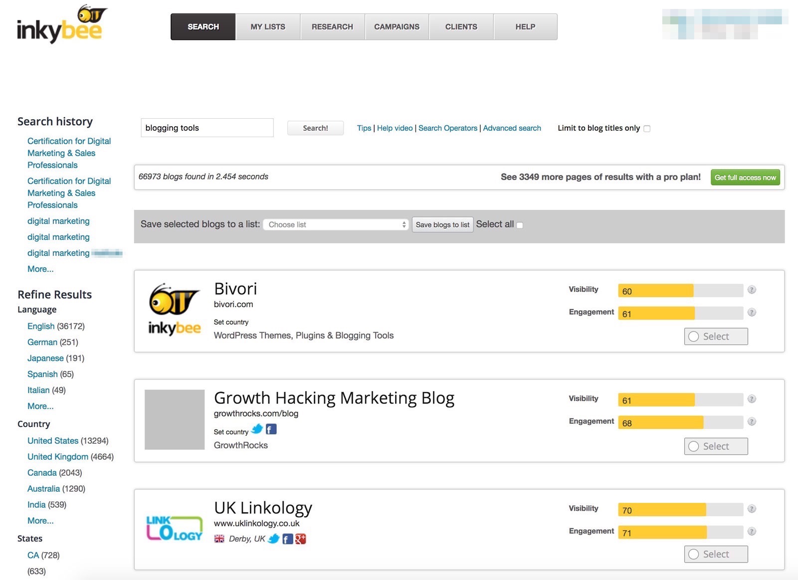 Use the search form in Inkybee to enter your keyword or keyword phrase.