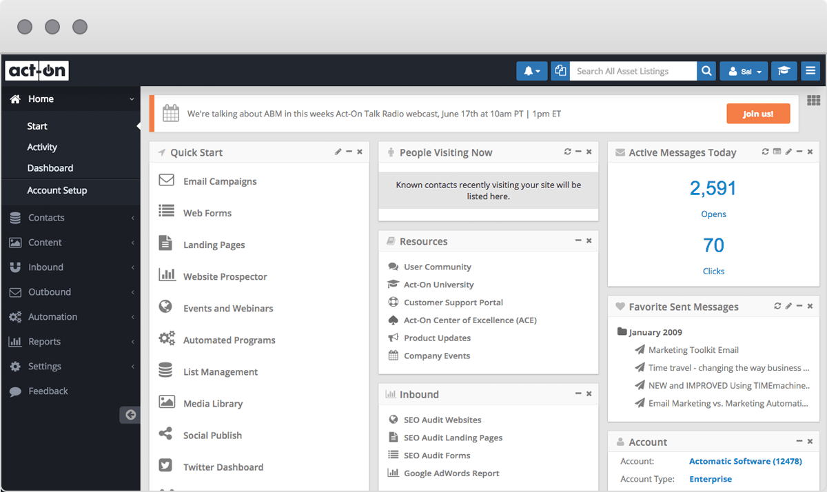 Act-On is a piece of marketing automation software that helps with the creation, curation, and scheduling of social posting, and enables you to easily manage social interactions.