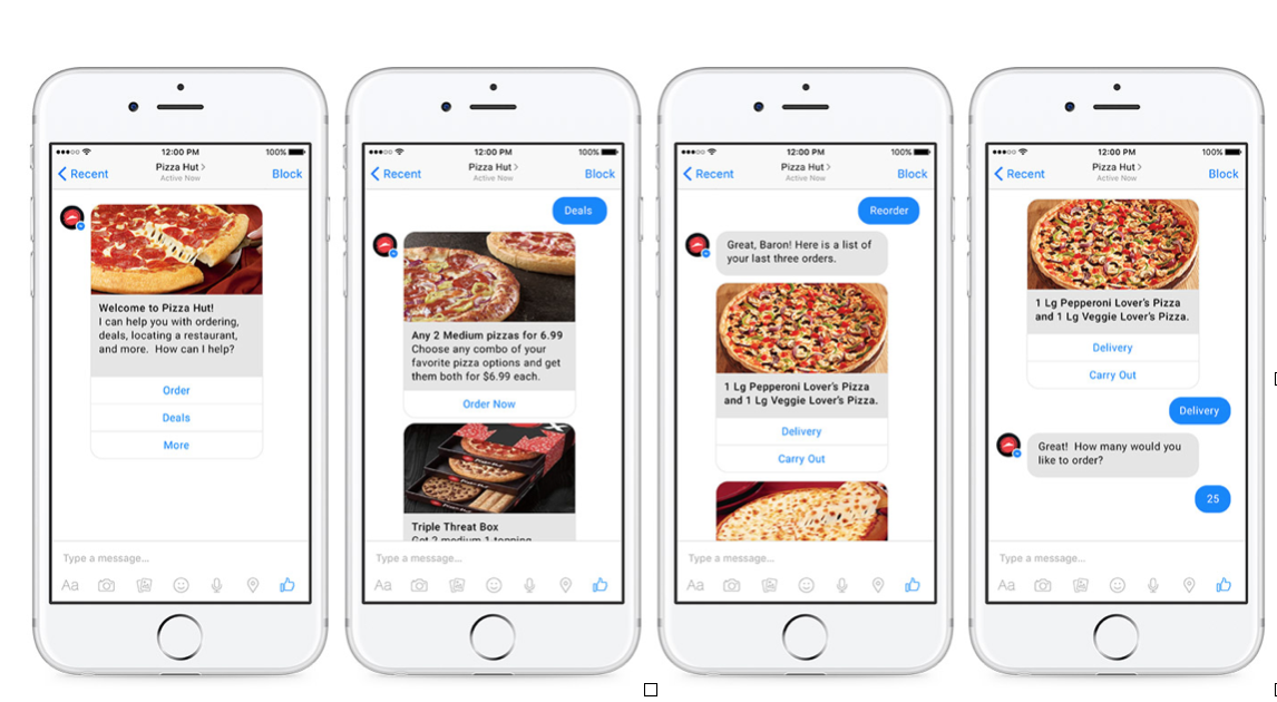 Facebook and Twitter chatbots. Image source: https://www.engadget.com/2016/07/12/pizza-hut-whole-foods-facebook-twitter-chatbot/