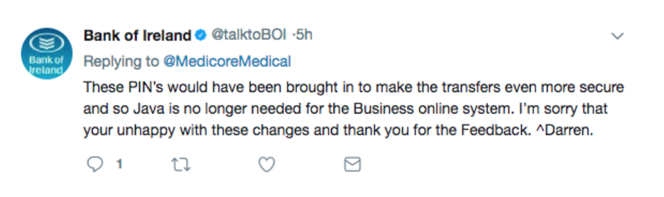 BOI 280 character tweet for customer service.