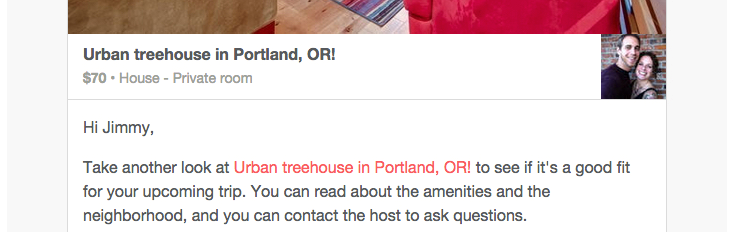 Email sent by Airbnb to improve engagement and win back a booking from a customer.
