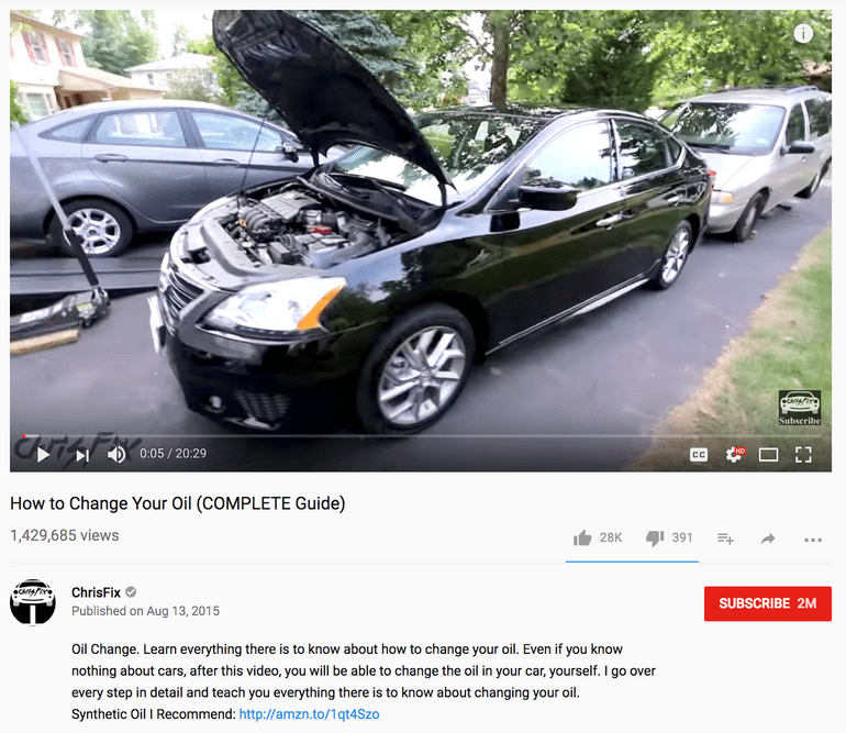 Here’s an example of quality optimized copy YouTube video description from the top ranked video for the keyword “how to change car oil”.