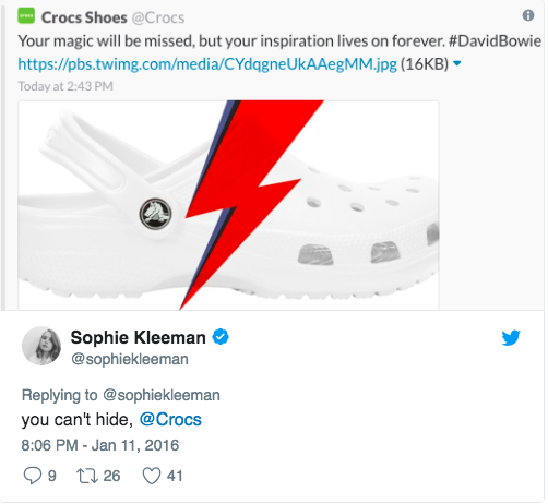 Crocs tried to profit from David Bowie death on Twitter but experienced backlash.