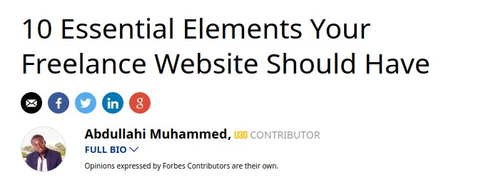 Forbes article 10 Essential Elements Your Freelance Website Should Have boasts a total of 386 social shares
