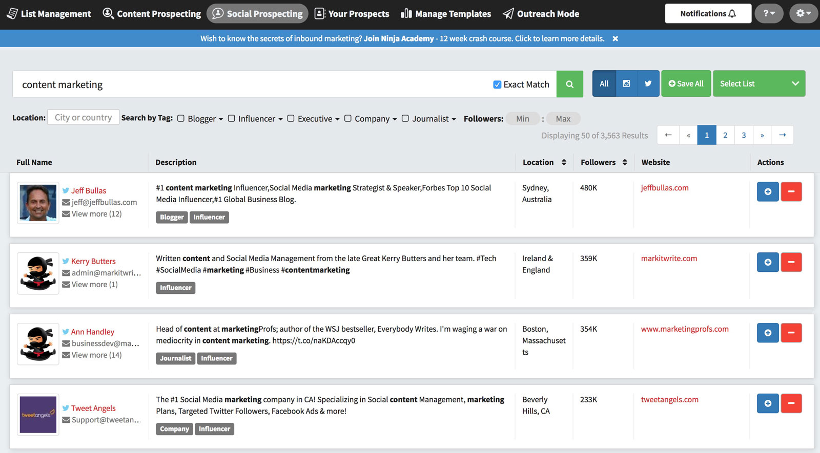 The Social Prospecting tab is for searching for bloggers, influencers, executives, companies, or journalists based on your keyword terms.