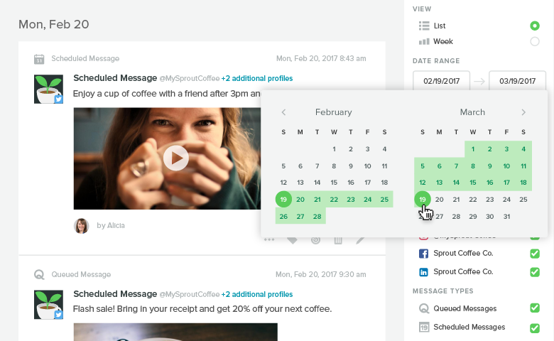 Sprout Social’s publishing calendar allows you to schedule posts ahead of time and work as a team to make sure no work s duplicated and you’re always covered on your content. Source: SproutSocial